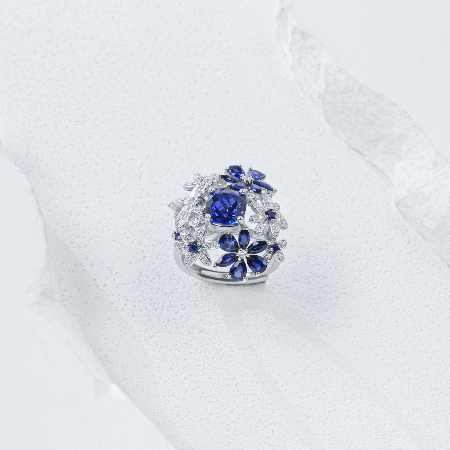 S925 Sterling Silver Lab Sapphire Ring 4-Claw Double-Side Full Diamond, Anniversary Versatile Elegant - Photo 4