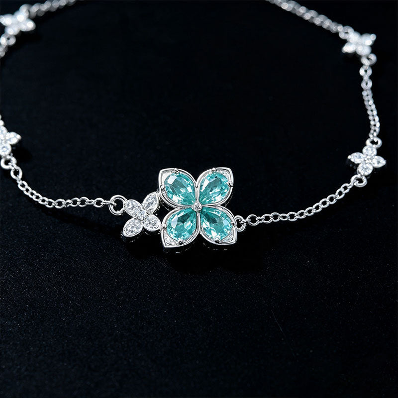 S925 Silver Four-Leaf Clover Paraiba Tsavorite Bracelet, Full Diamond Flower - Photo 4