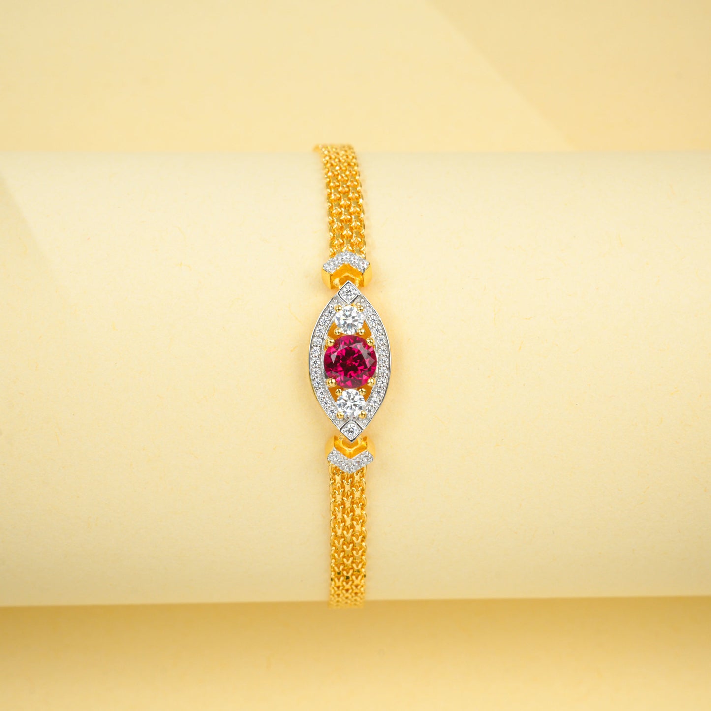 925 Sterling Silver Yellow-Gold Lab Ruby Woven Chain Bracelet, Vintage Versatile - Photo 3