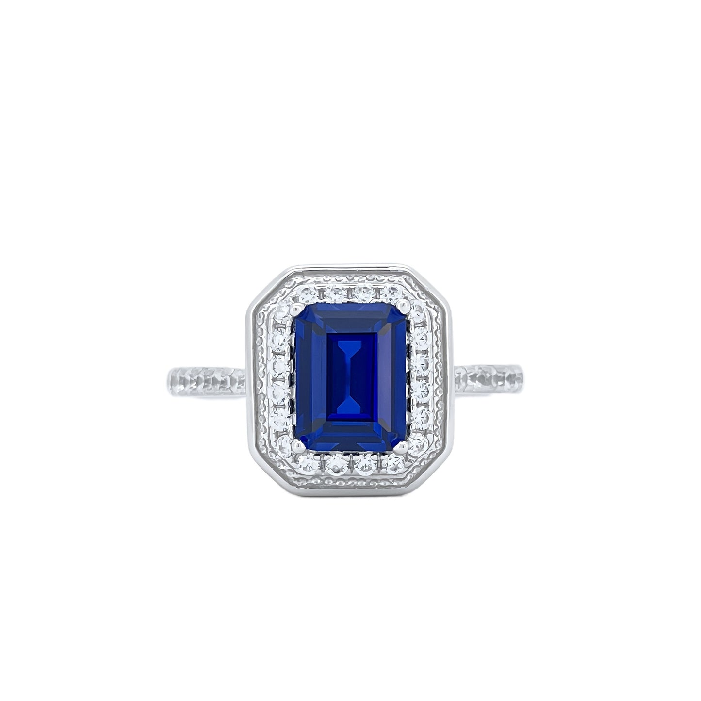 S925 Sterling Silver Lab Sapphire Ring, Halo Full Diamond - Photo 5