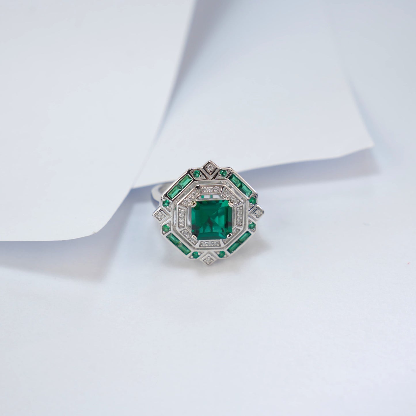 S925 Silver Multi-Layer Halo Lab Emerald Ring, Vintage Engagement - Photo 4