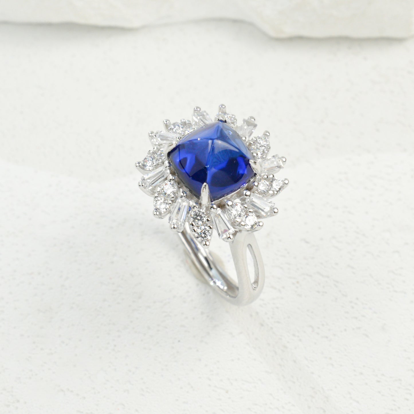 S925 Sterling Silver Sugarloaf-Cut Sapphire Ring, Adjustable Design - Photo 5