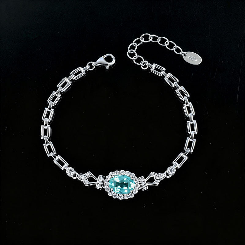 S925 Silver Oval Paraiba Tsavorite Bracelet, Full Diamond Halo - Photo 4