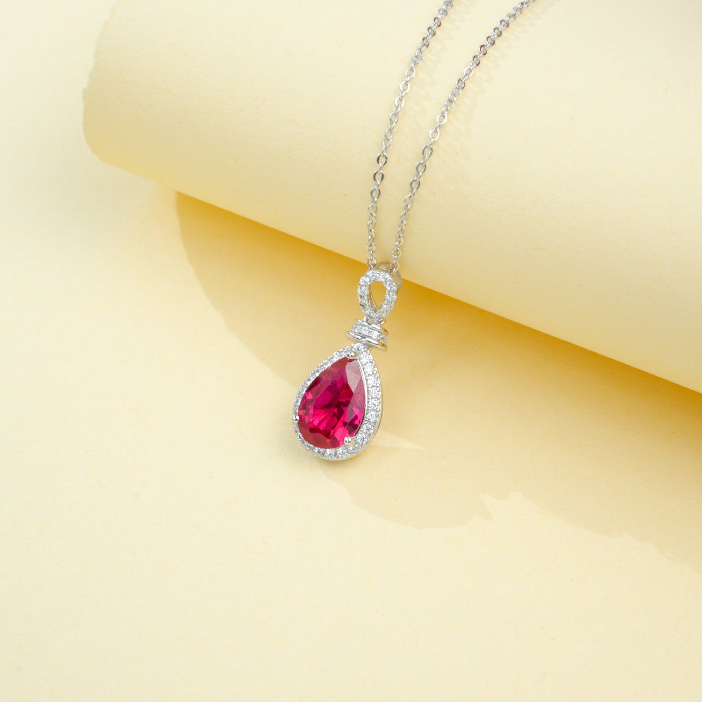 S925 Sterling Silver Lab Ruby Teardrop Pendant Necklace, Premium for Women - Photo 4