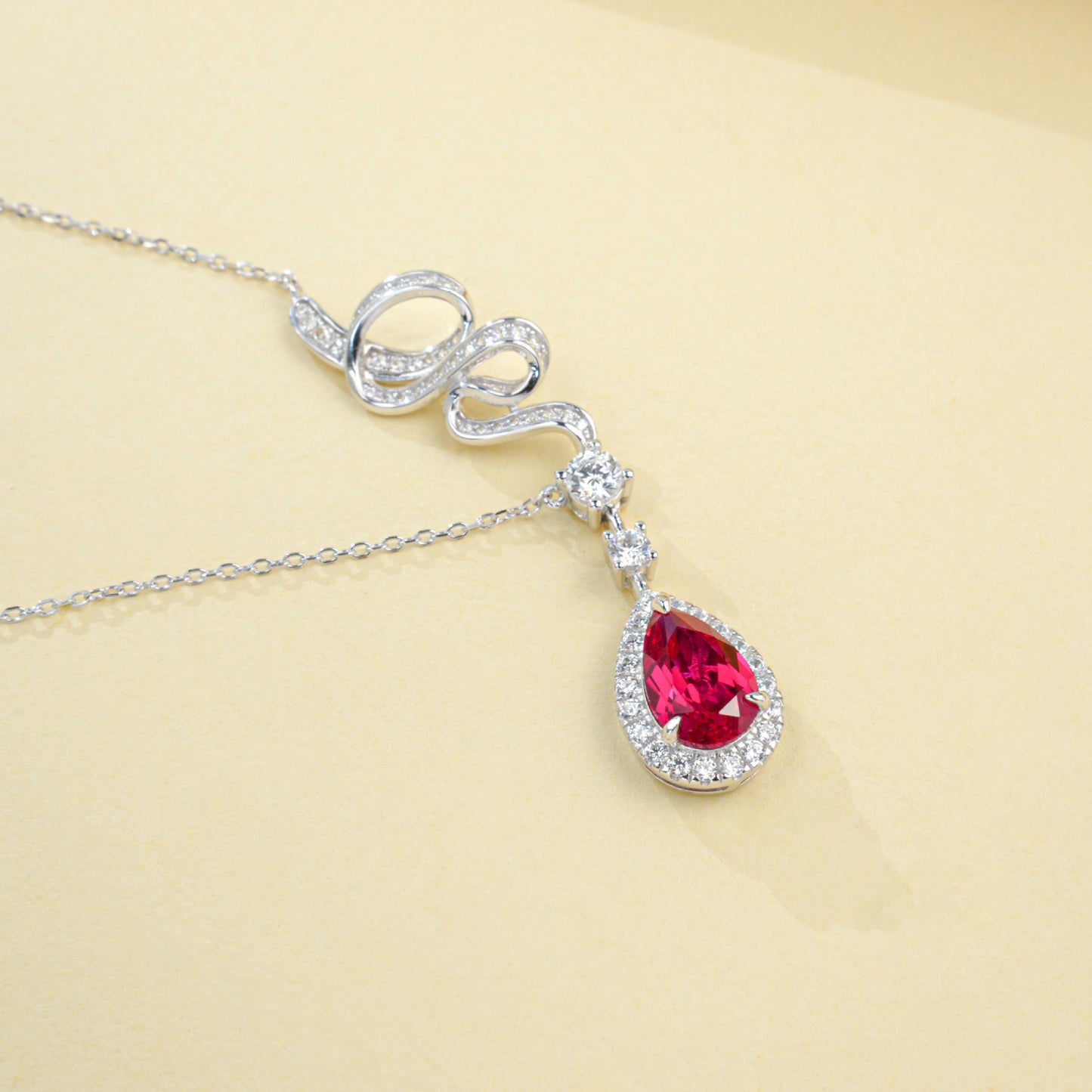 S925 Silver Twisted Diamond Chain Teardrop Lab Ruby Pendant Necklace - Photo 4