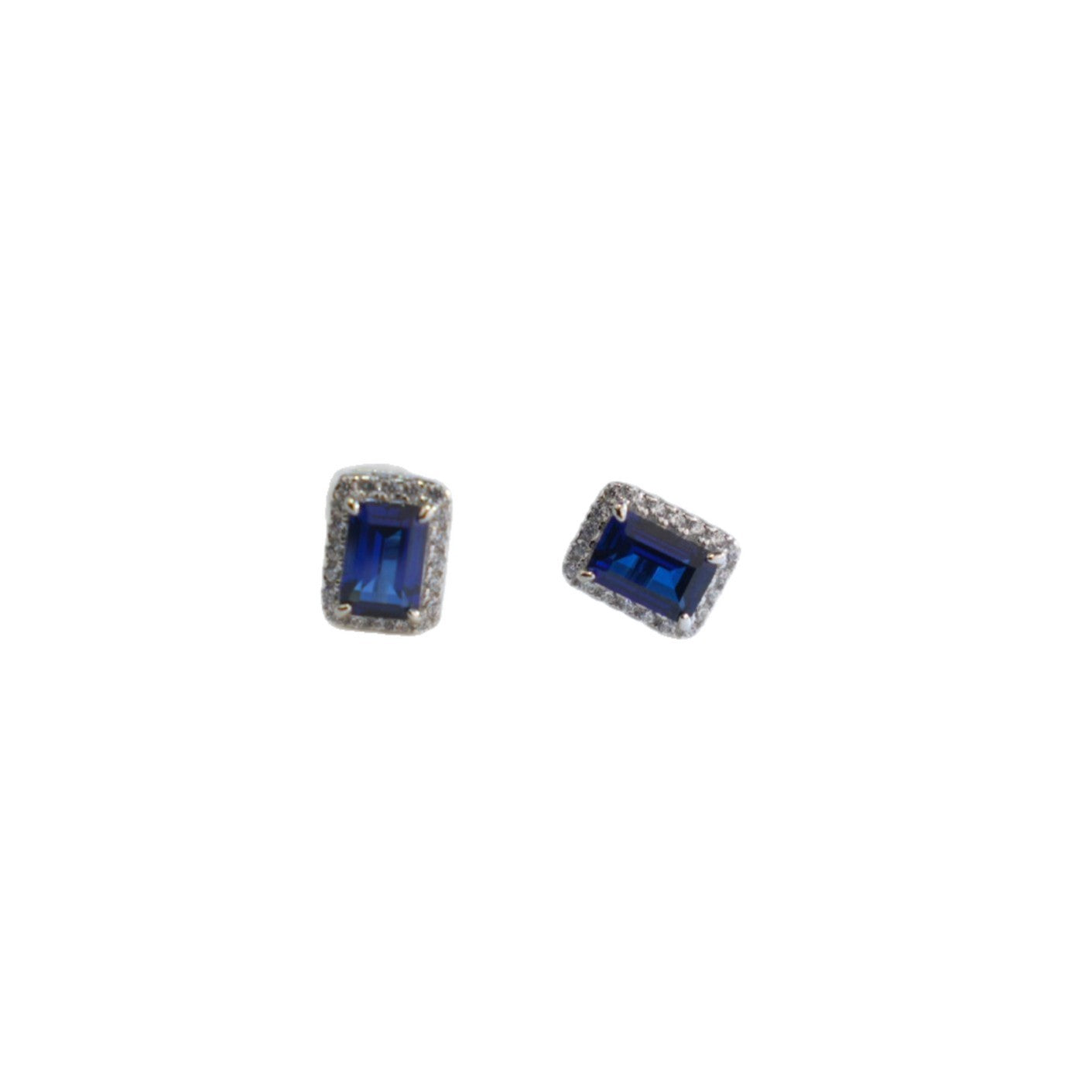 S925 Silver Emerald-Cut Sapphire Stud Earrings Square Halo, Simple Versatile - Photo 5