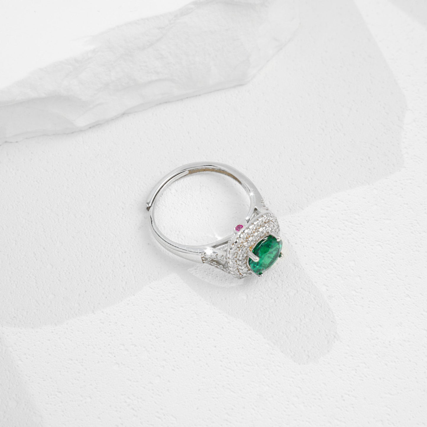 S925 Sterling Silver Lab Emerald Ring Double-Layer Full Diamond Halo Adjustable, Gift - Photo 4