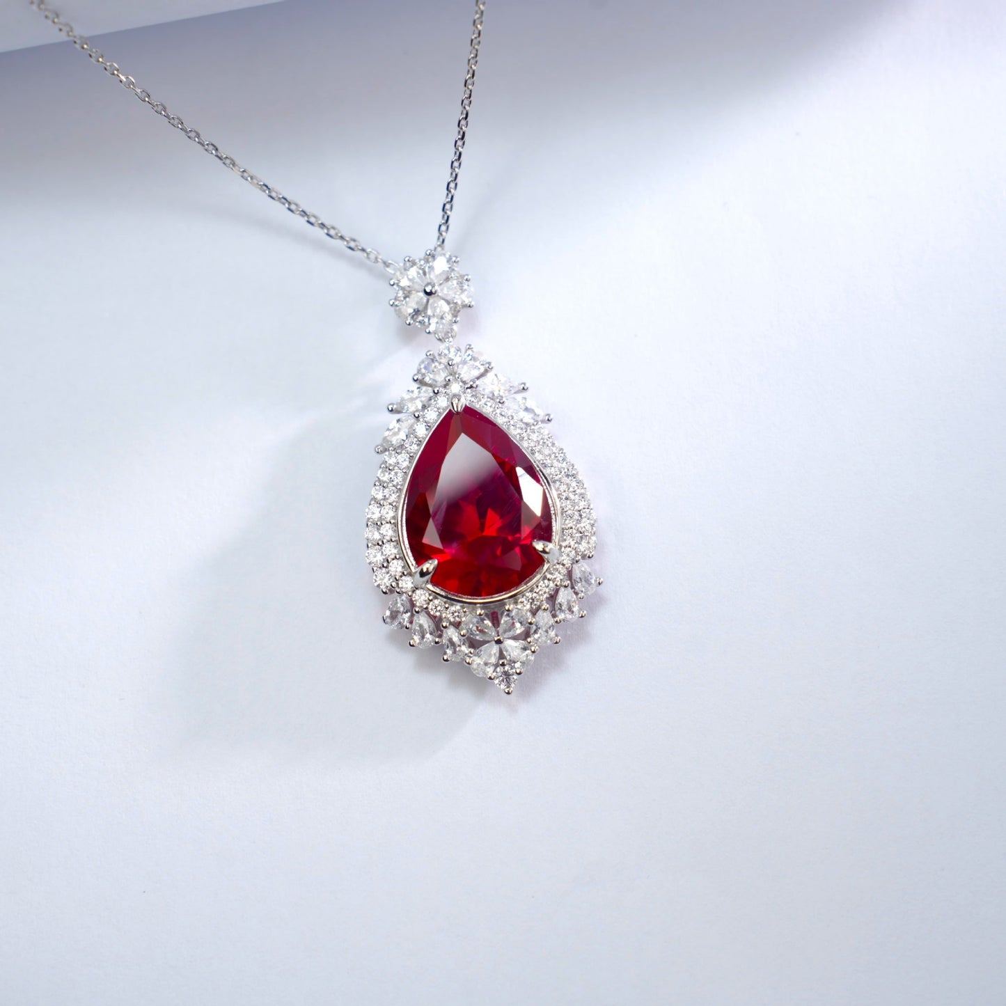 S925 Silver Teardrop Lab Ruby Pendant Full Diamond Halo Choker - Photo 4