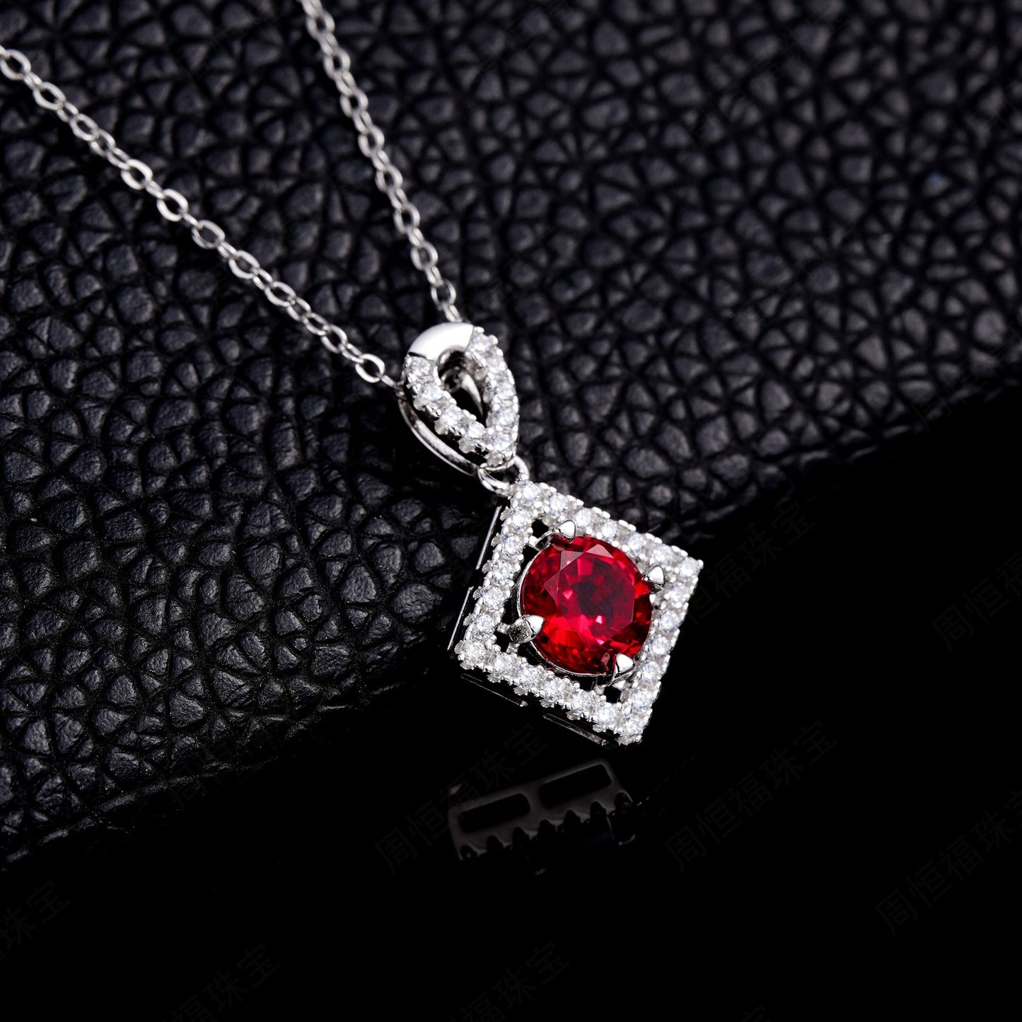 S925 Sterling Silver Lab Pigeon Blood Ruby Round Halo Pendant Choker, Premium Elegant - Photo 3