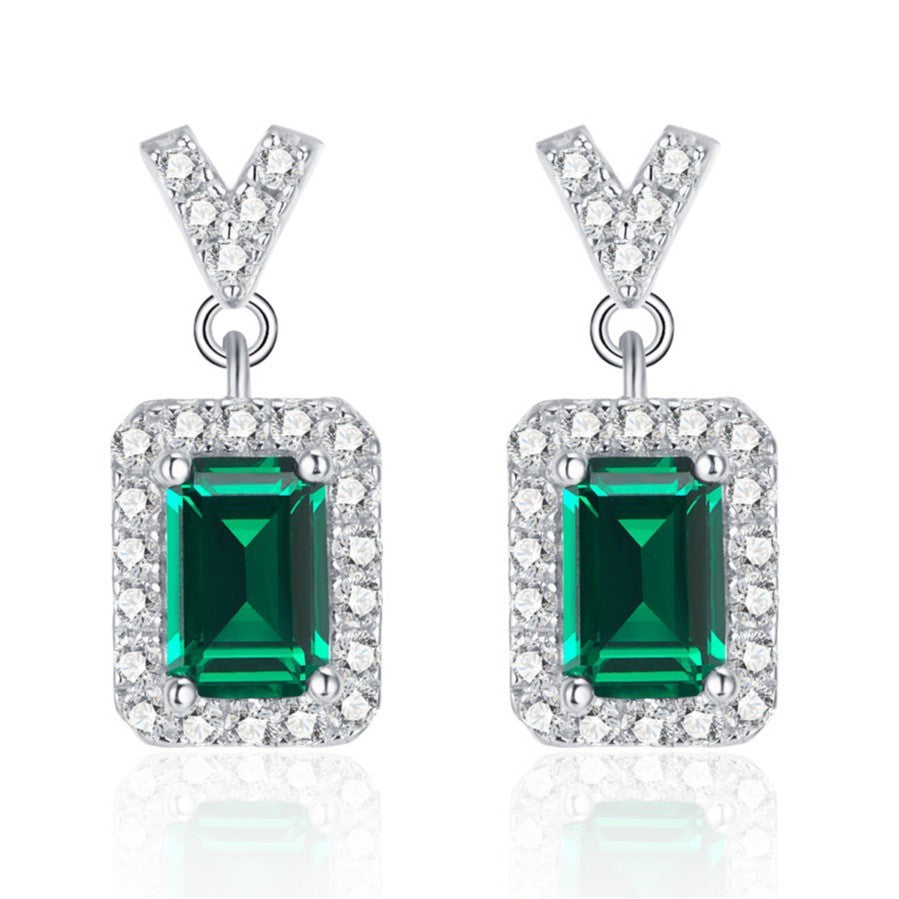 Lab Emerald S925 Silver Stud Earrings, Vintage Premium Princess - Photo 5