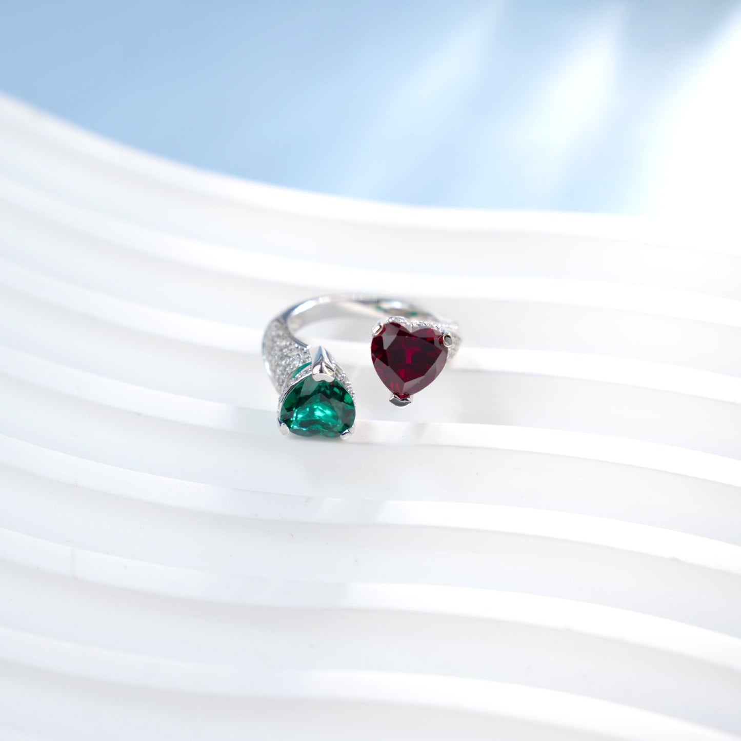 925 Silver Red-Green Heart Ring, Versatile Heart Open - Photo 4