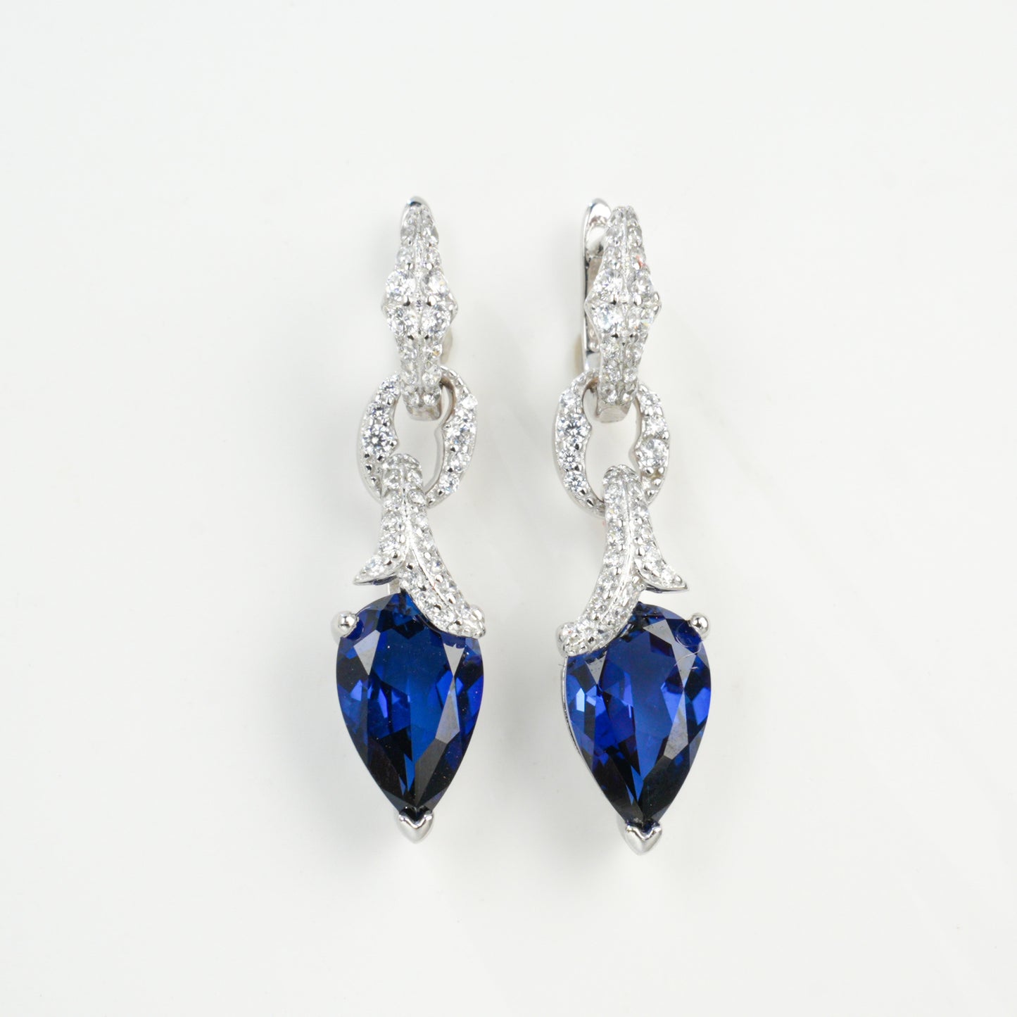 S925 Sterling Silver Lab Sapphire Teardrop Pave Long Drop Earrings, Birthday Gift - Photo 5