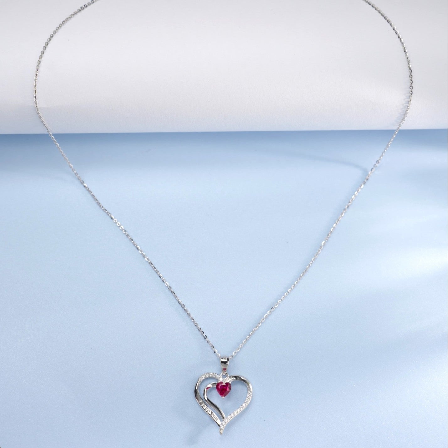 S925 Sterling Silver Lab Pigeon Blood Ruby Heart Pave Necklace, for Women - Photo 5