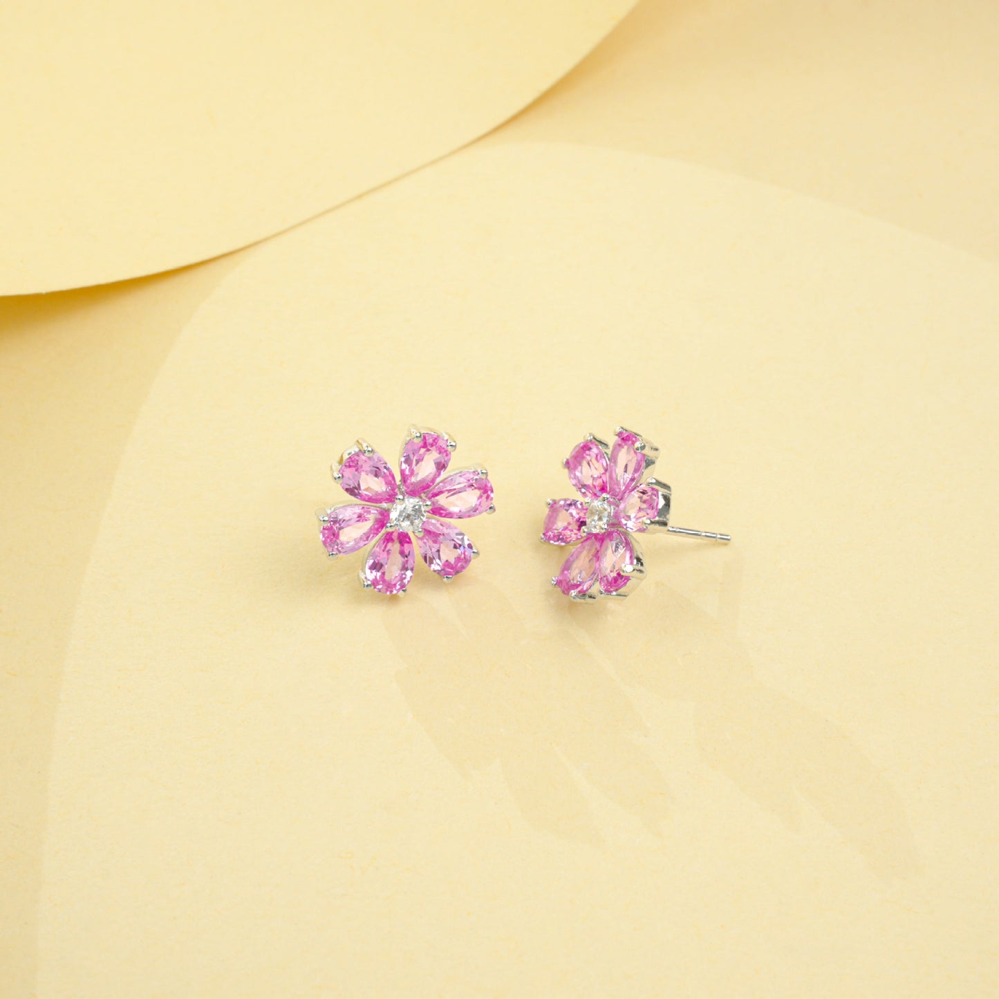 S925 Sterling Silver Lab Padparadscha Six-Petal Cherry Blossom Stud Earrings - Photo 4