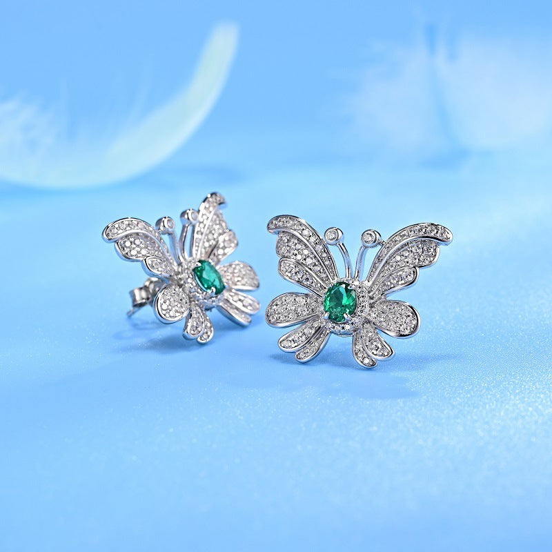 Lab Emerald S925 Silver Stud Earrings, Butterfly Vintage Premium - Photo 3