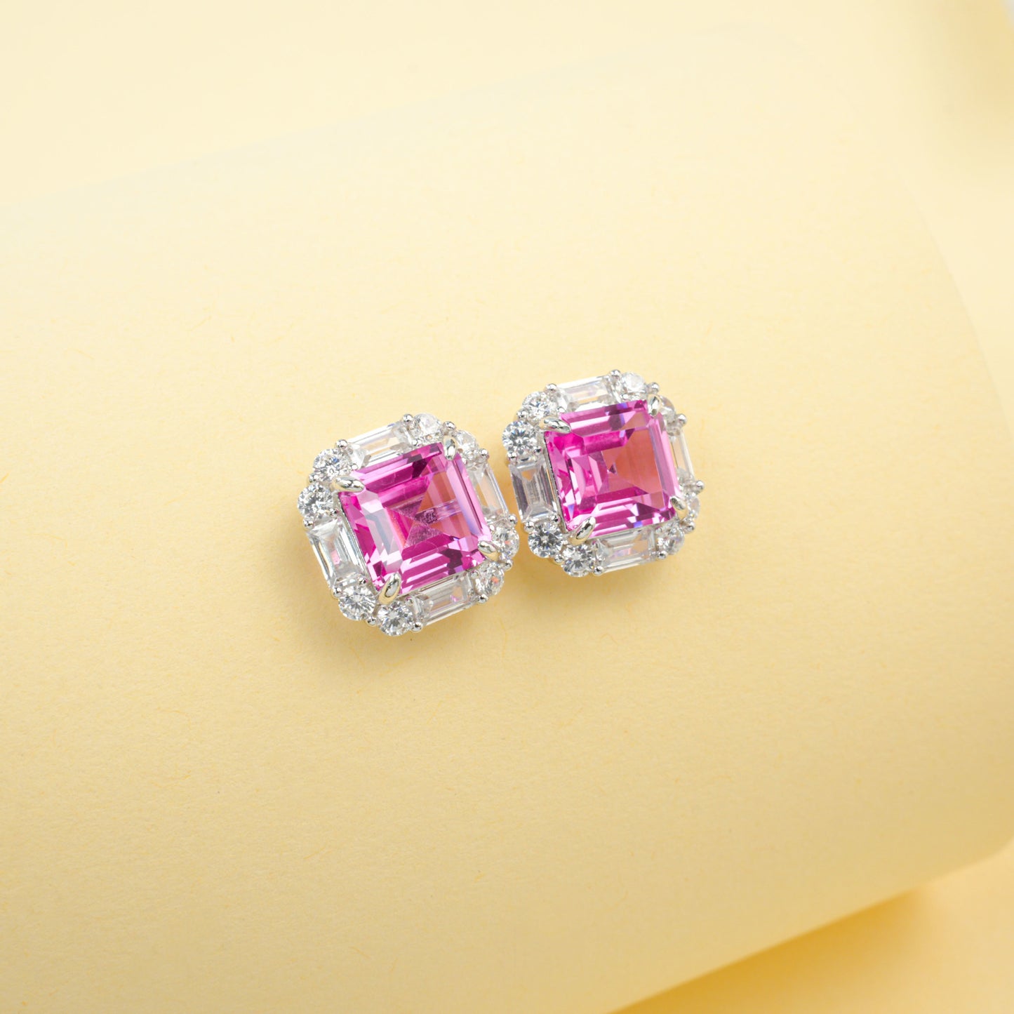 S925 Silver Lab Pink Sapphire Stud Earrings Full Diamond Halo, Anniversary Gentle Versatile - Photo 4