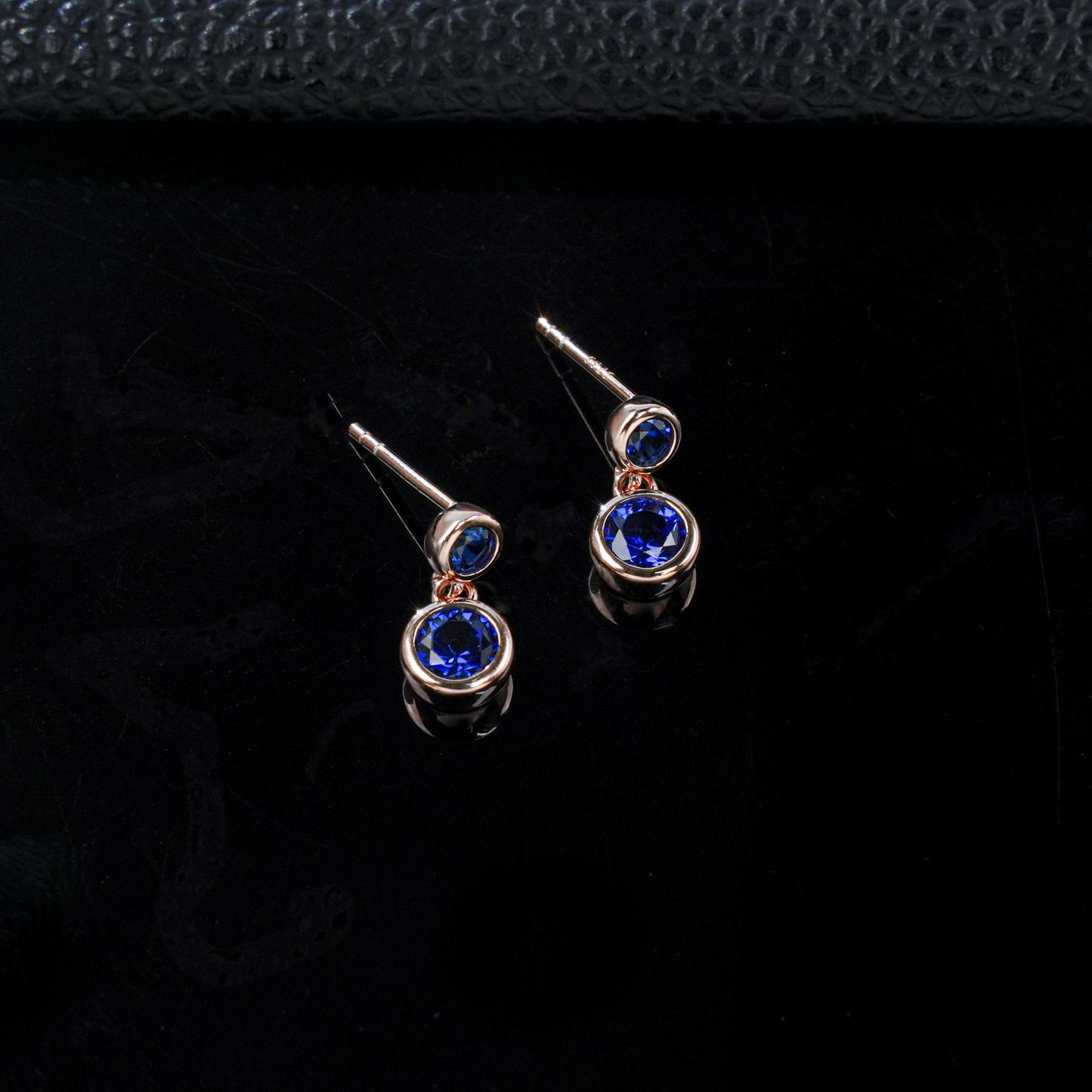 S925 Silver Double Round Bezel Sapphire Stud Earrings, Rose Gold Drop - Photo 3
