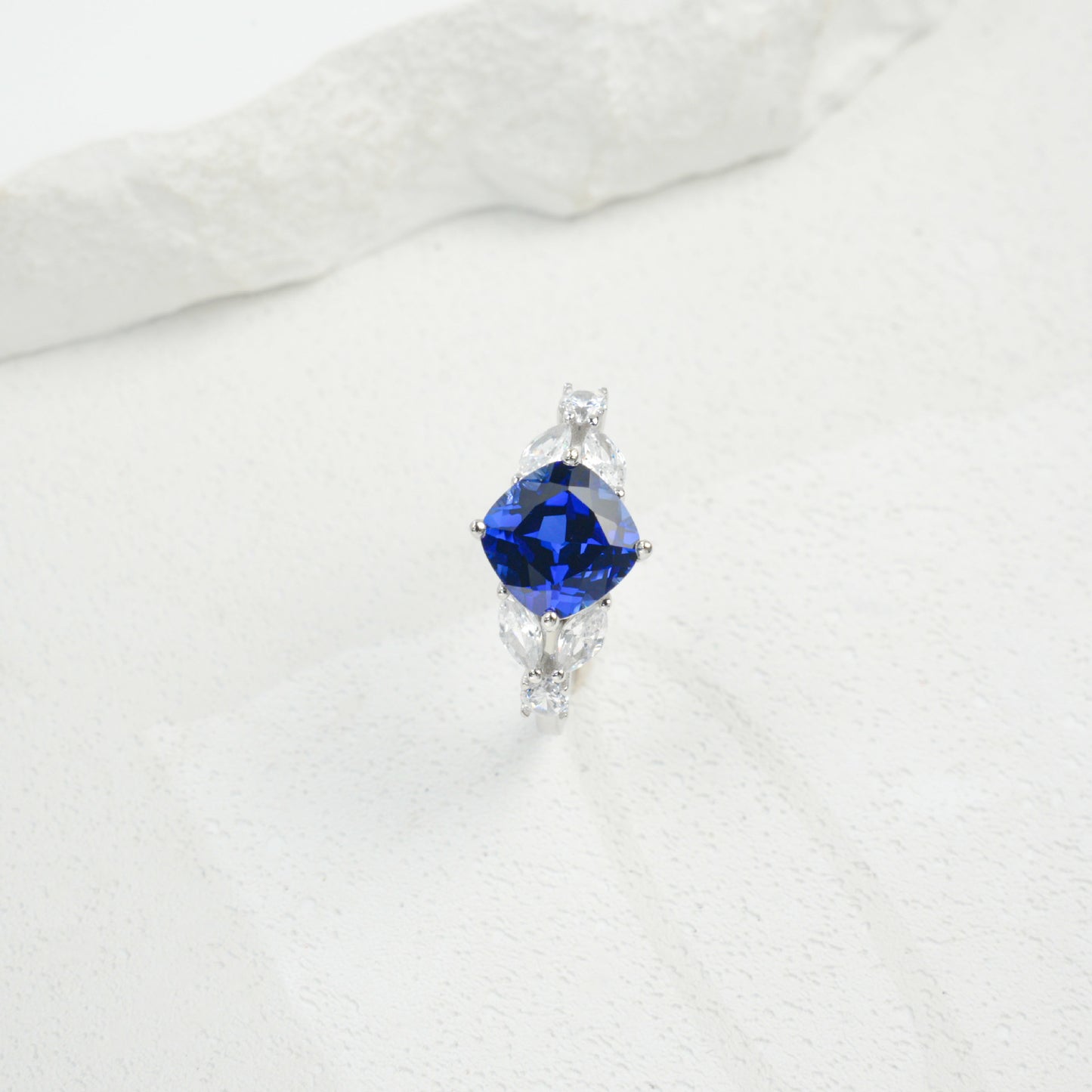Bold Square Sapphire Sterling Silver Ring, Diamond Ring Proposal - Photo 4