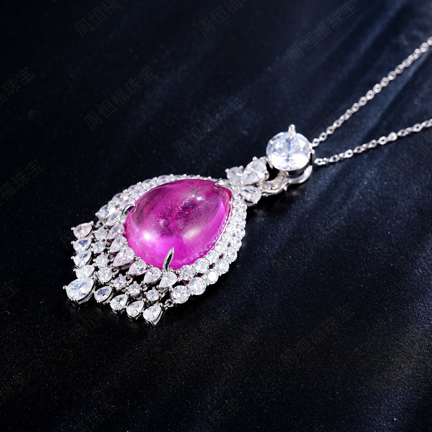 S925 Sterling Silver Lab Pink Ruby Teardrop Pave Pendant Choker Necklace, Premium Elegant - Photo 6
