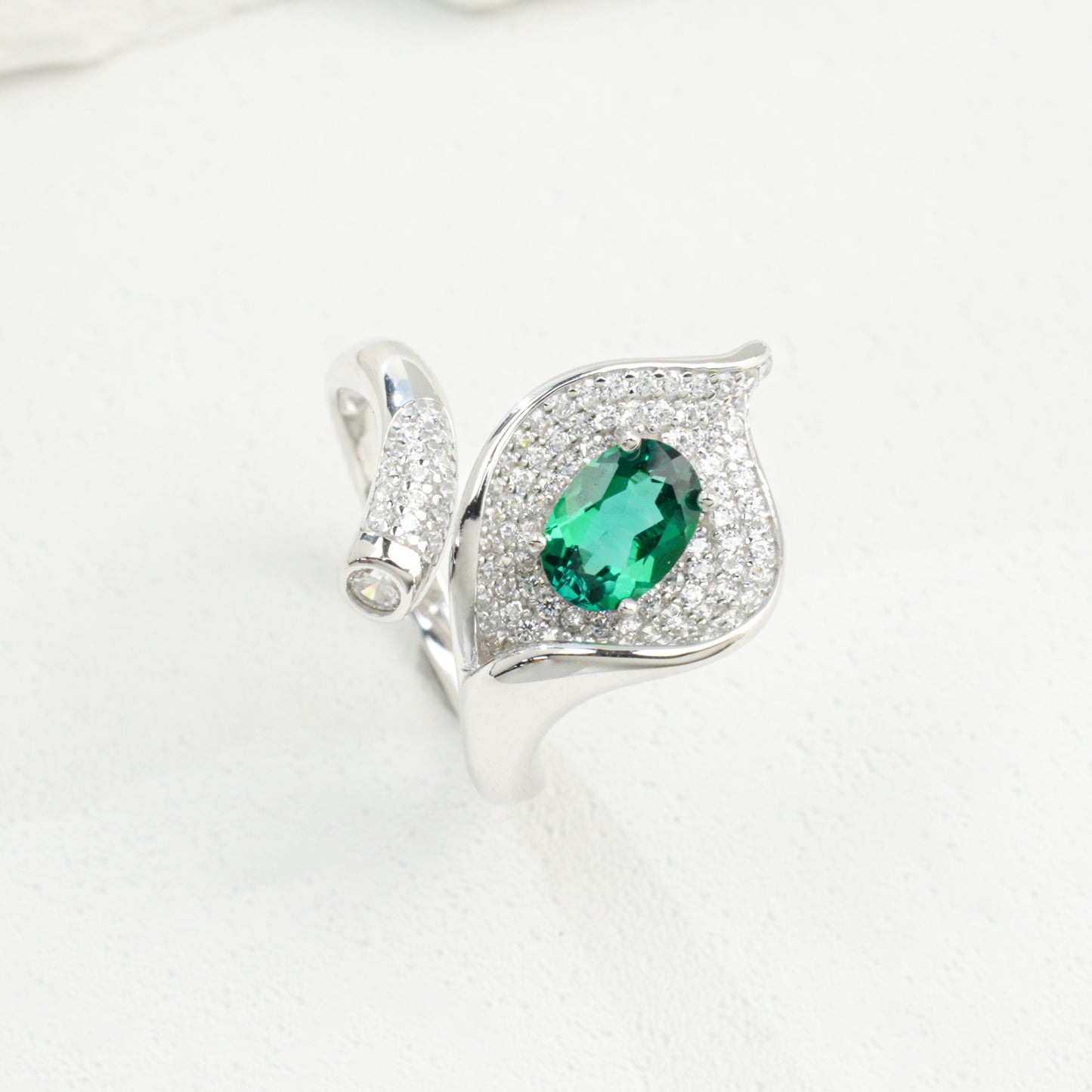 S925 Sterling Silver Oval Lab Emerald Micro-Pave Open Ring - Photo 5