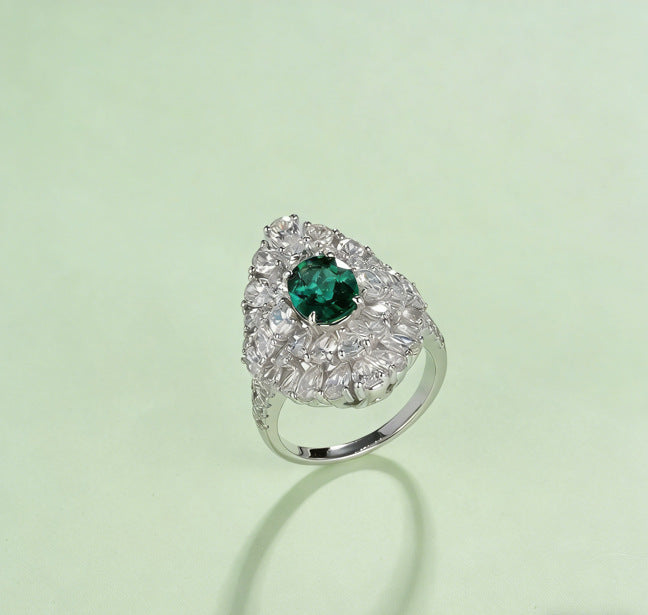 S925 Sterling Silver Lab Emerald Floral Cluster Pave Ring, Premium Elegant for Women - Photo 6