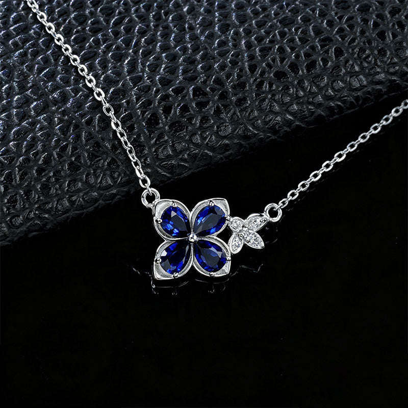 S925 Silver Lab Sapphire Four-Petal Flower Butterfly Necklace, Gemstone Versatile - Photo 4