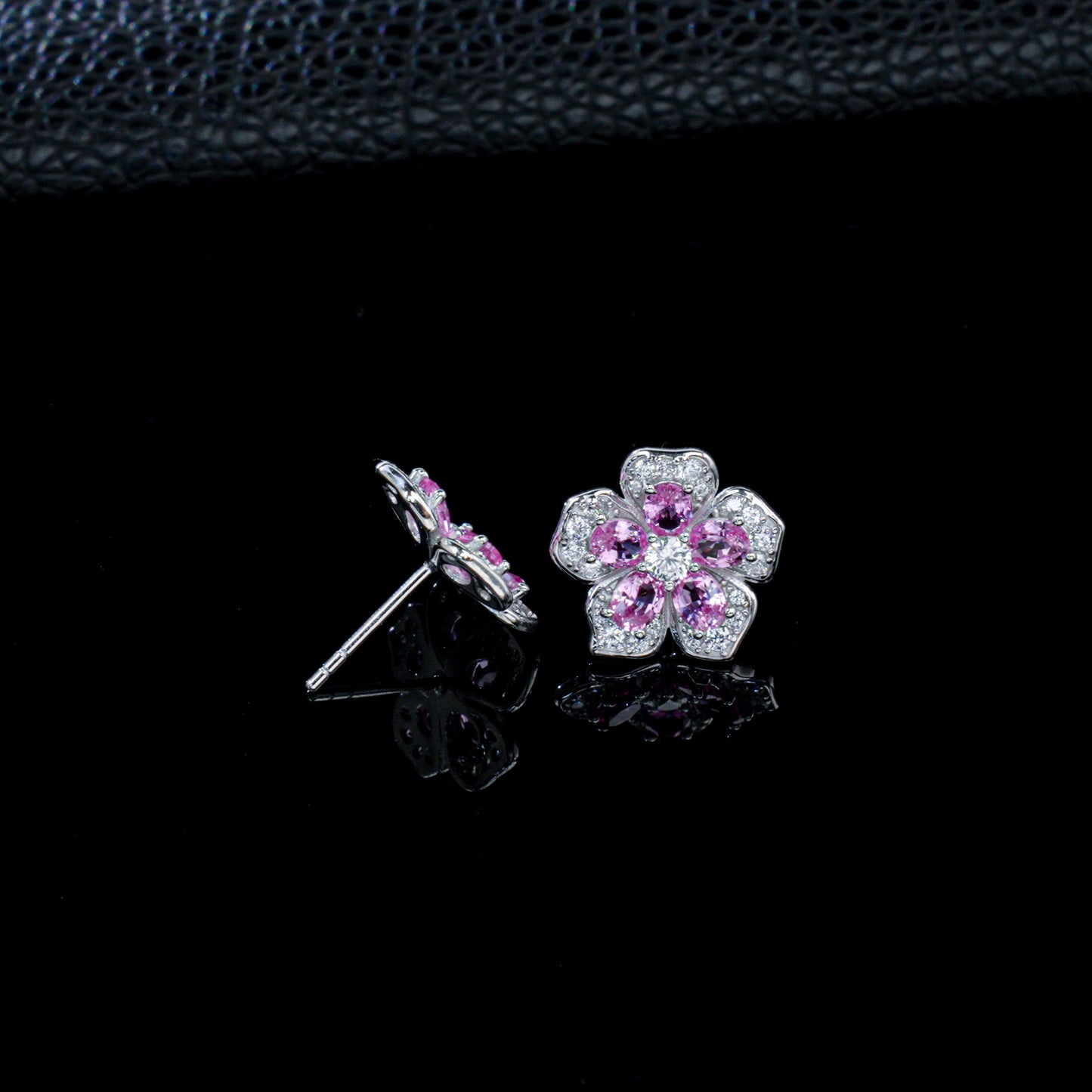 S925 Silver Sakura Stud Earrings, Lab Pink Sapphire - Photo 4