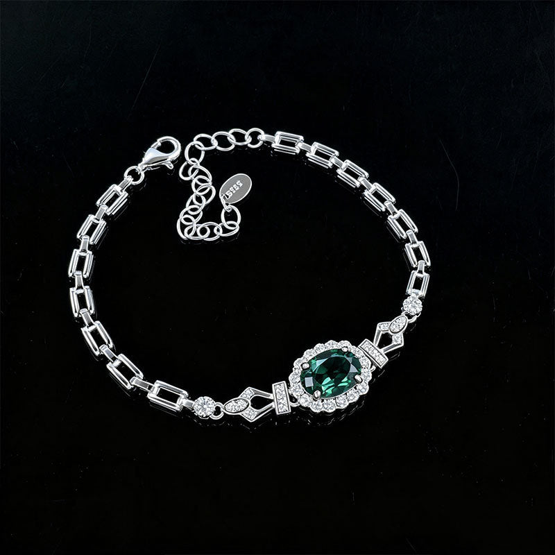 S925 Silver Oval Lab Emerald Bracelet, Full Diamond Halo - Photo 4
