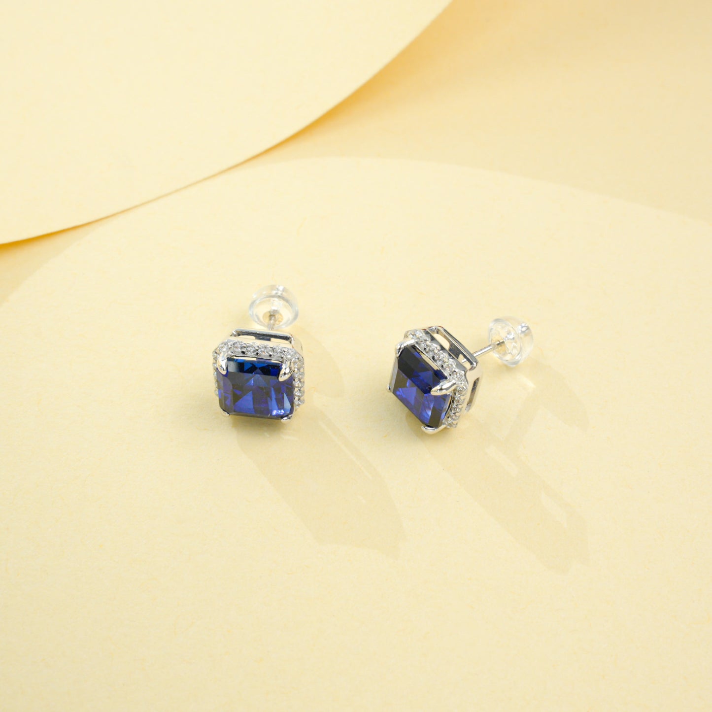 S925 Silver Classic Cushion Lab Sapphire Halo Stud Earrings, Pair Earrings - Photo 4