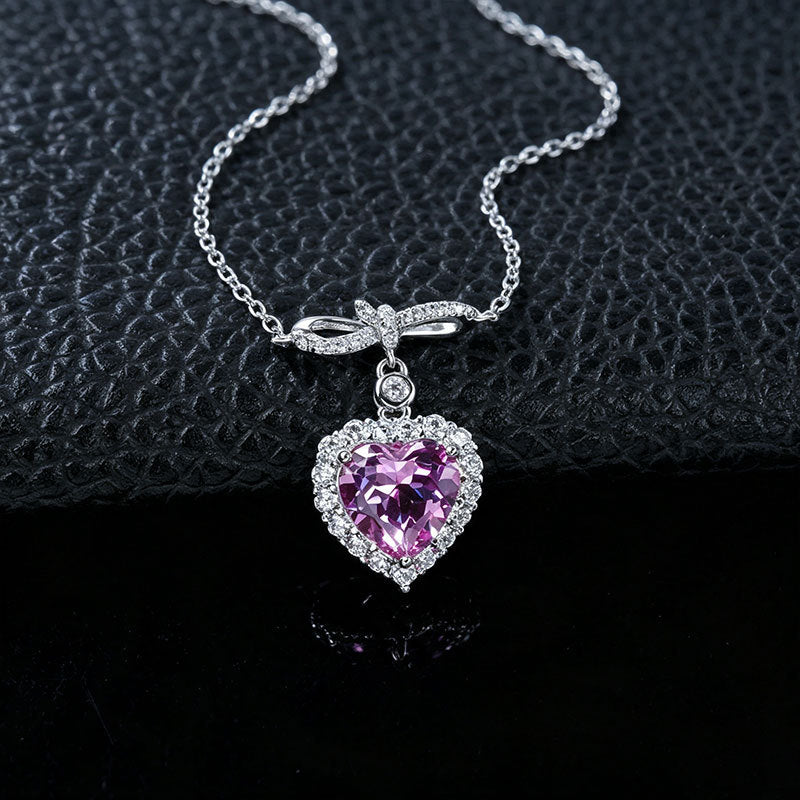 S925 Silver Heart Lab Pink Sapphire Necklace, Full Diamond Halo - Photo 4