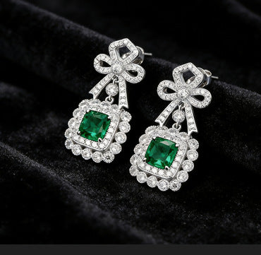 S925 Sterling Silver Lab Emerald Bowknot Halo Long Drop Earrings, for Women - Photo 6