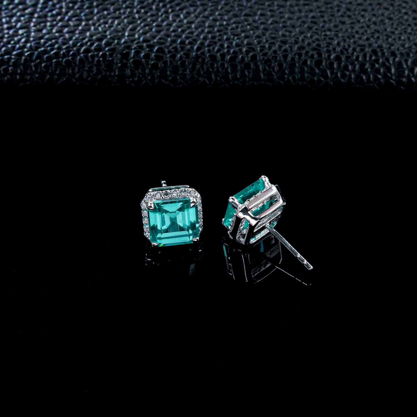 S925 Silver Cushion Square Lab Paraiba Tsavorite Full Diamond Halo Stud Earrings, Fresh Gentle - Photo 4