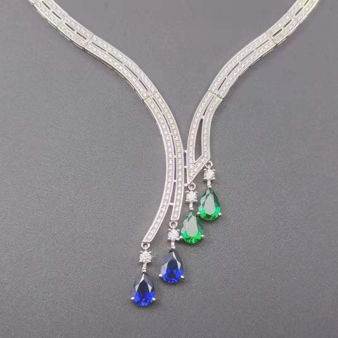 S925 Silver Necklace Emerald and Sapphire Pendant Diamond Chain, Premium Skin-Brightening - Photo 4