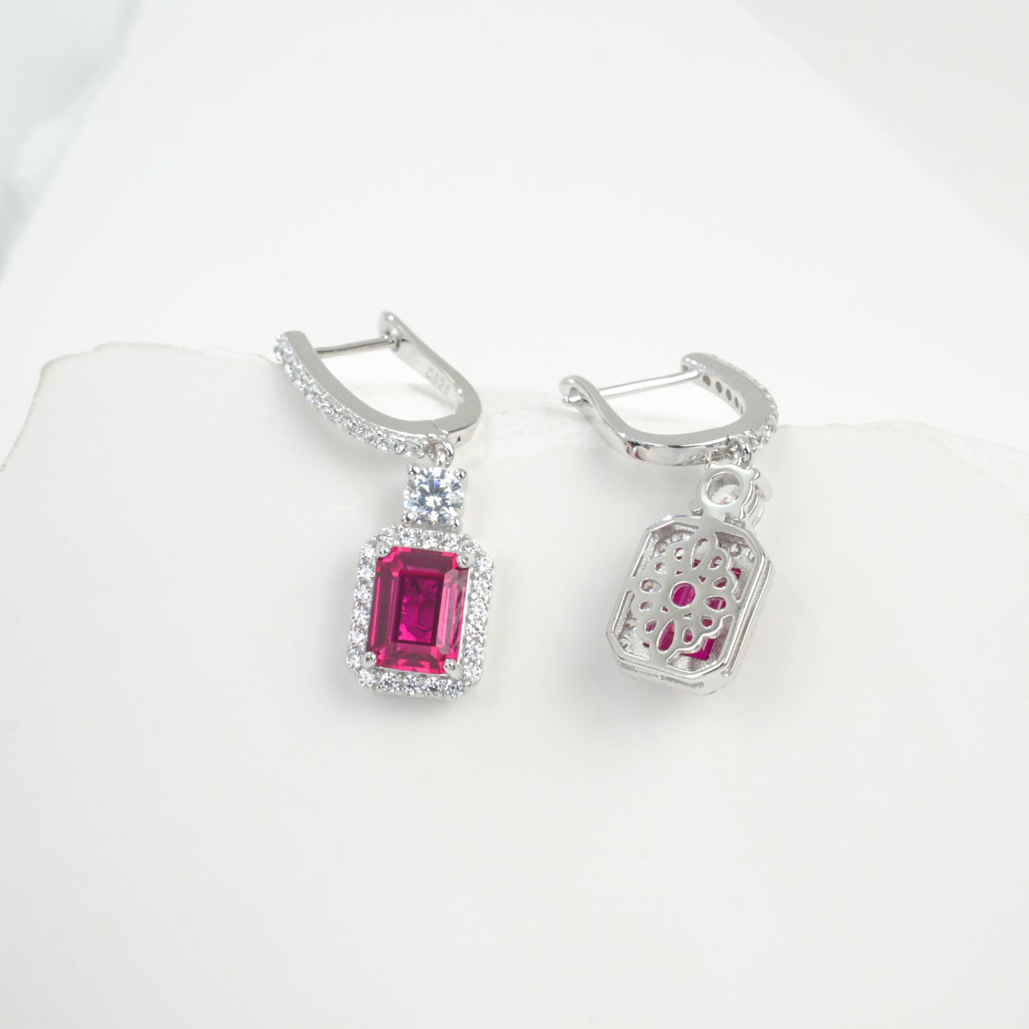 S925 Silver Lab Ruby Drop Earrings Diamond Halo, Anniversary Versatile Gift - Photo 4