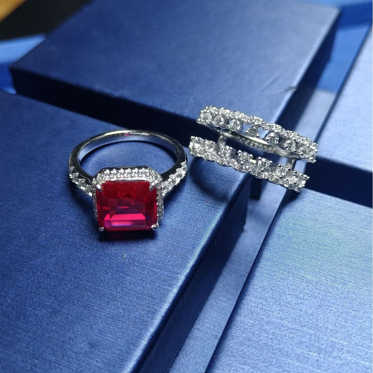 S925 Sterling Silver Square Ruby Ring Double-Layer Stacking, Design Versatile Premium - Photo 4