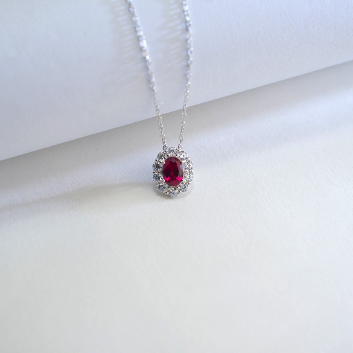 S925 Sterling Silver Lab Pigeon Blood Ruby Halo Pendant Necklace, for Women - Photo 3