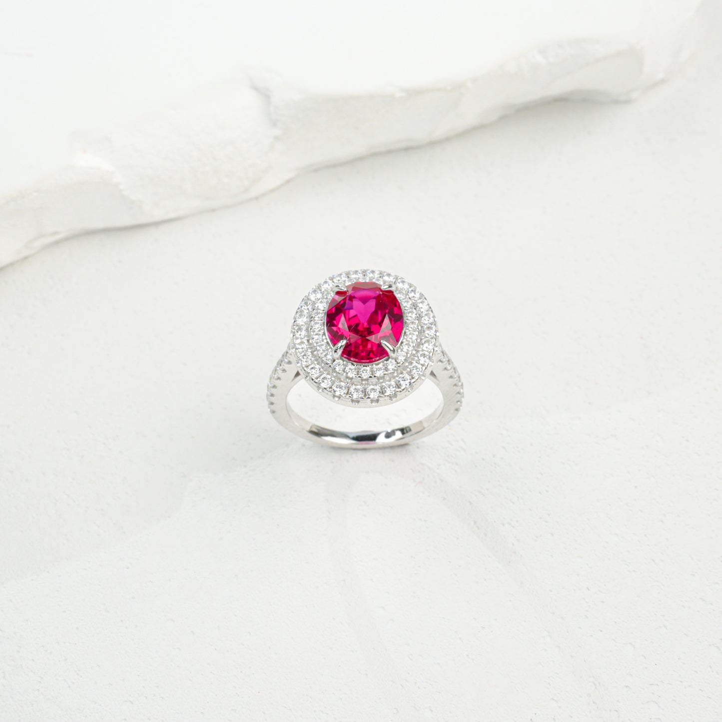 925 Sterling Silver White-Gold Lab Ruby Double-Halo Ring, Premium - Photo 6