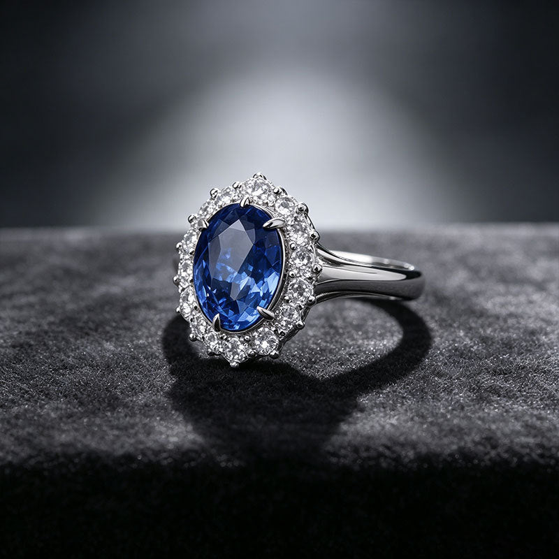 S925 Silver Oval Lab Sapphire Sunflower Staggered Halo Ring, Birthday Anniversary Gift - Photo 3