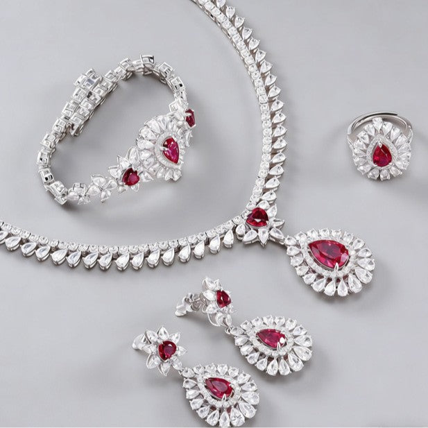 S925 Sterling Silver Lab Pigeon Blood Ruby Teardrop Jewellery Set, Luxurious Premium - Photo 4