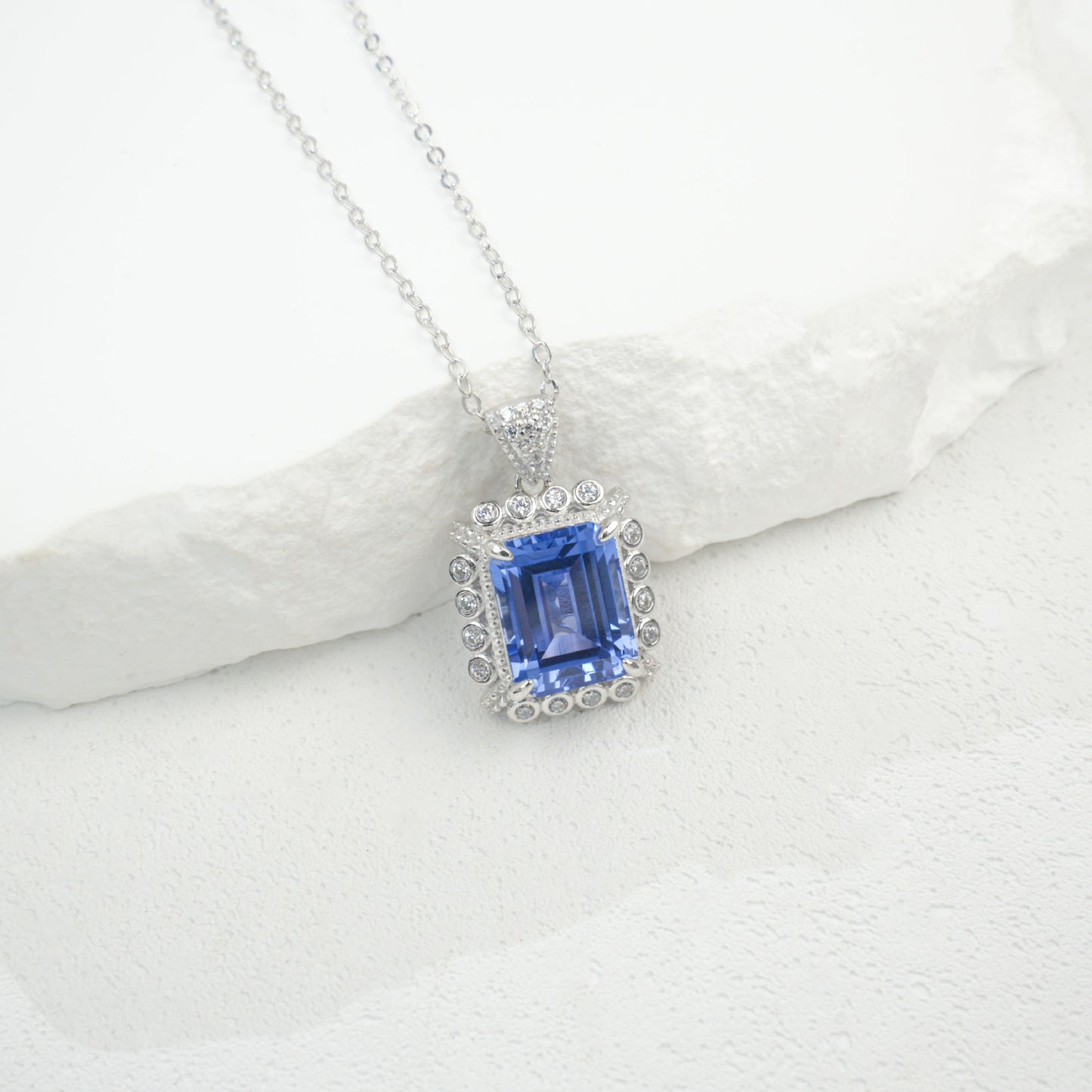 925 Sterling Silver Lab Sapphire Square Pave Choker Necklace, Elegant Versatile - Photo 5