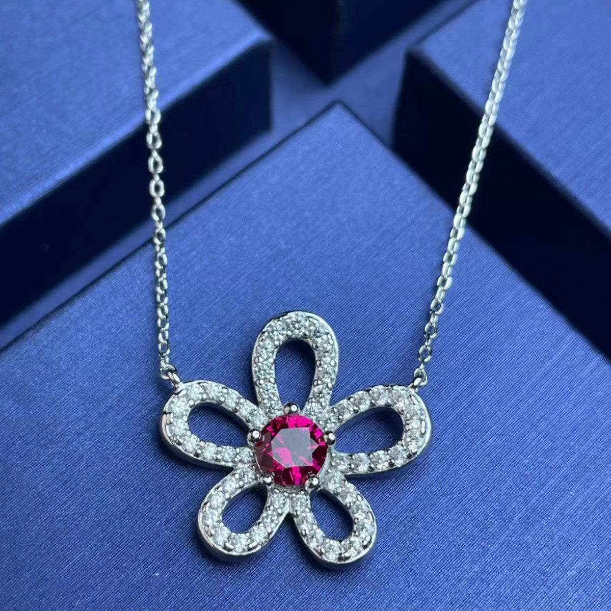 S925 Sterling Silver Lab Ruby Choker, Sunflower Premium - Photo 4
