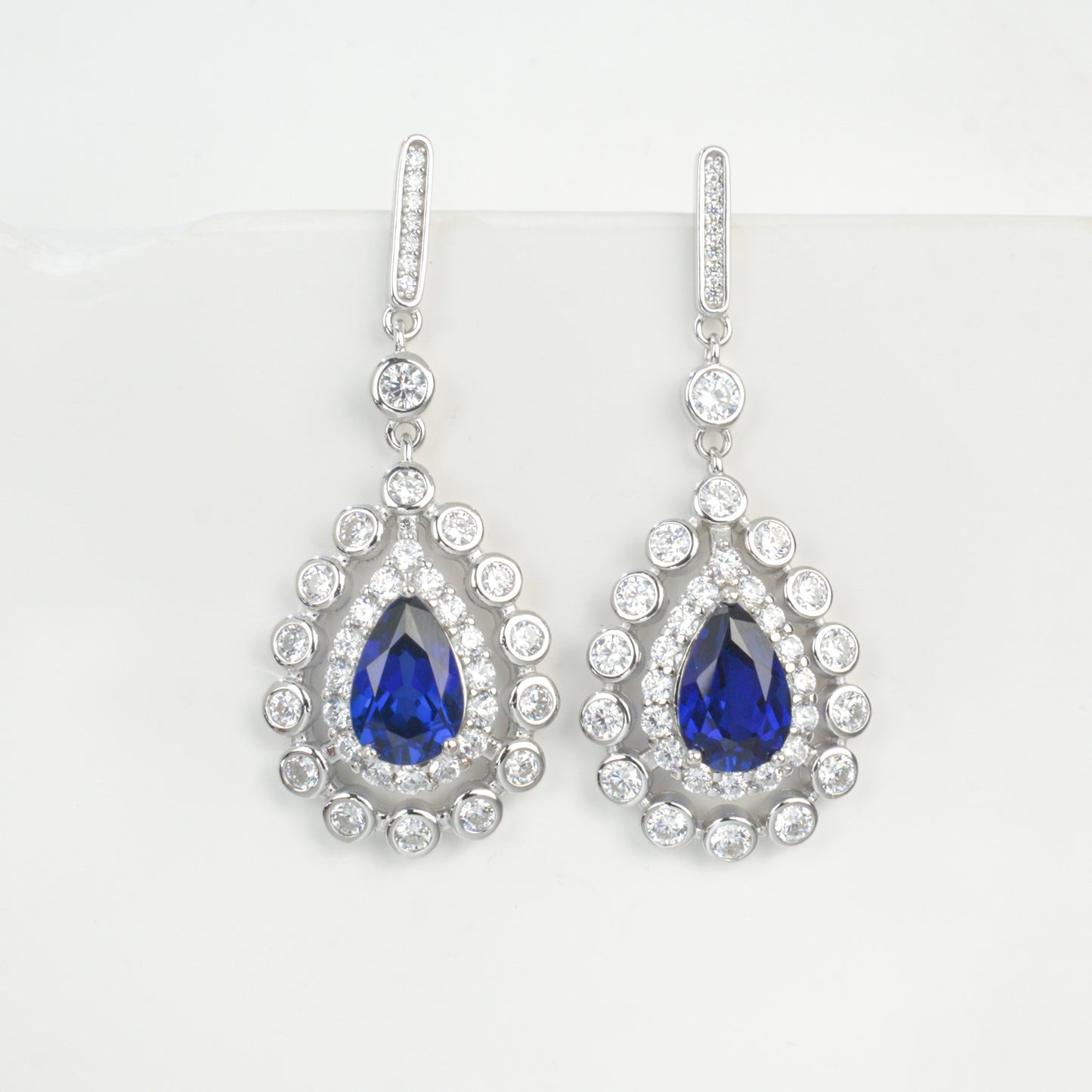 925 Sterling Silver Lab Sapphire Teardrop Pave Long Drop Earrings - Photo 5
