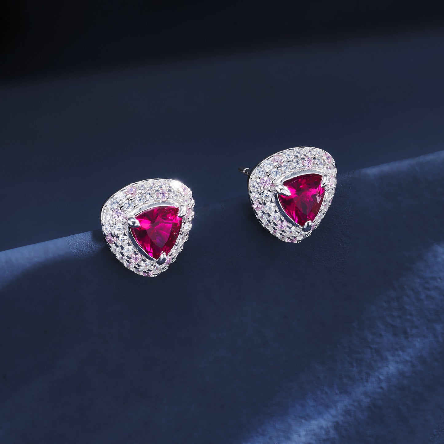 S925 Silver Triangle Lab Ruby Full Diamond Stud Earrings, Skin-Brightening Earrings - Photo 4