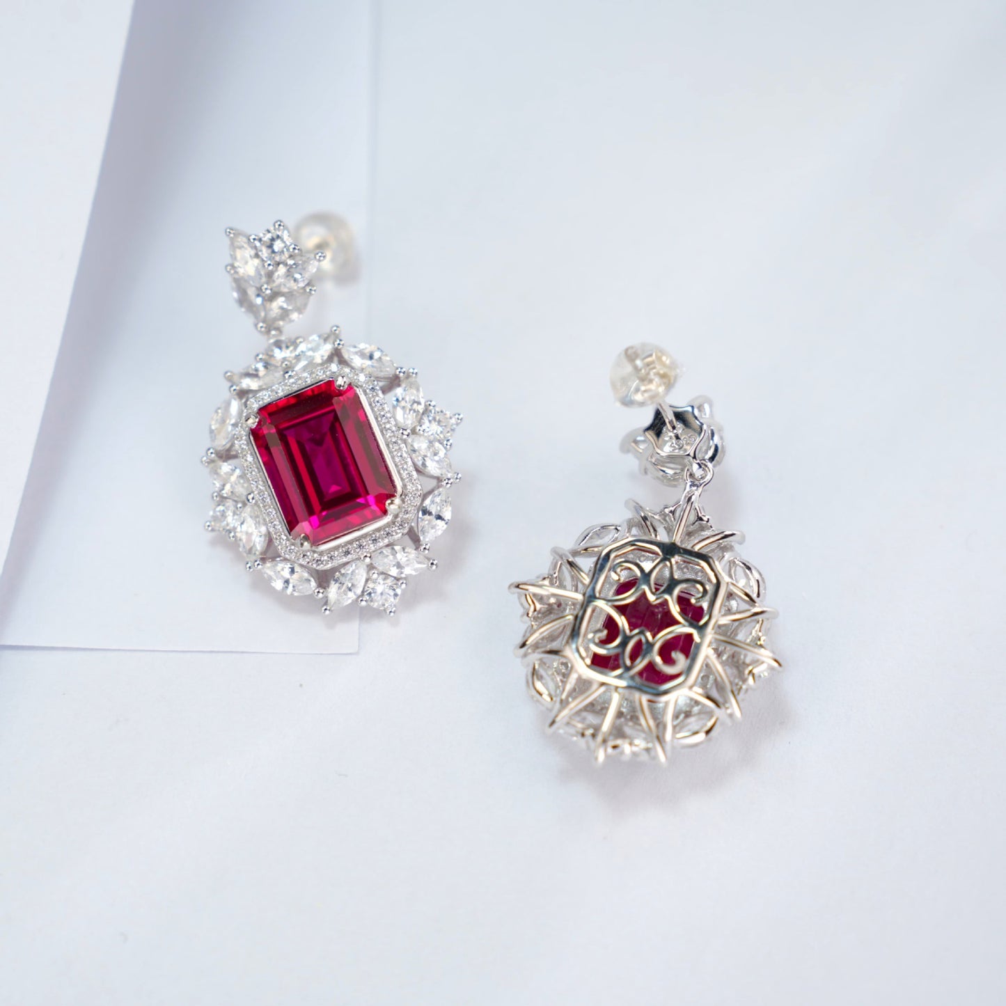 S925 Sterling Silver Lab Pigeon Blood Corundum Vintage Earrings Drop Stud - Photo 4