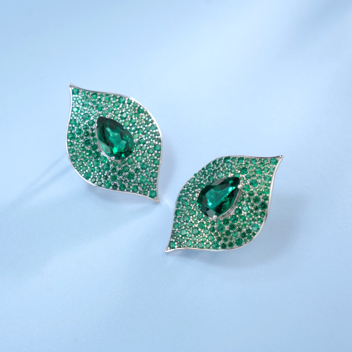 S925 Sterling Silver Teardrop Emerald Leaf Stud Earrings, Versatile Premium - Photo 4