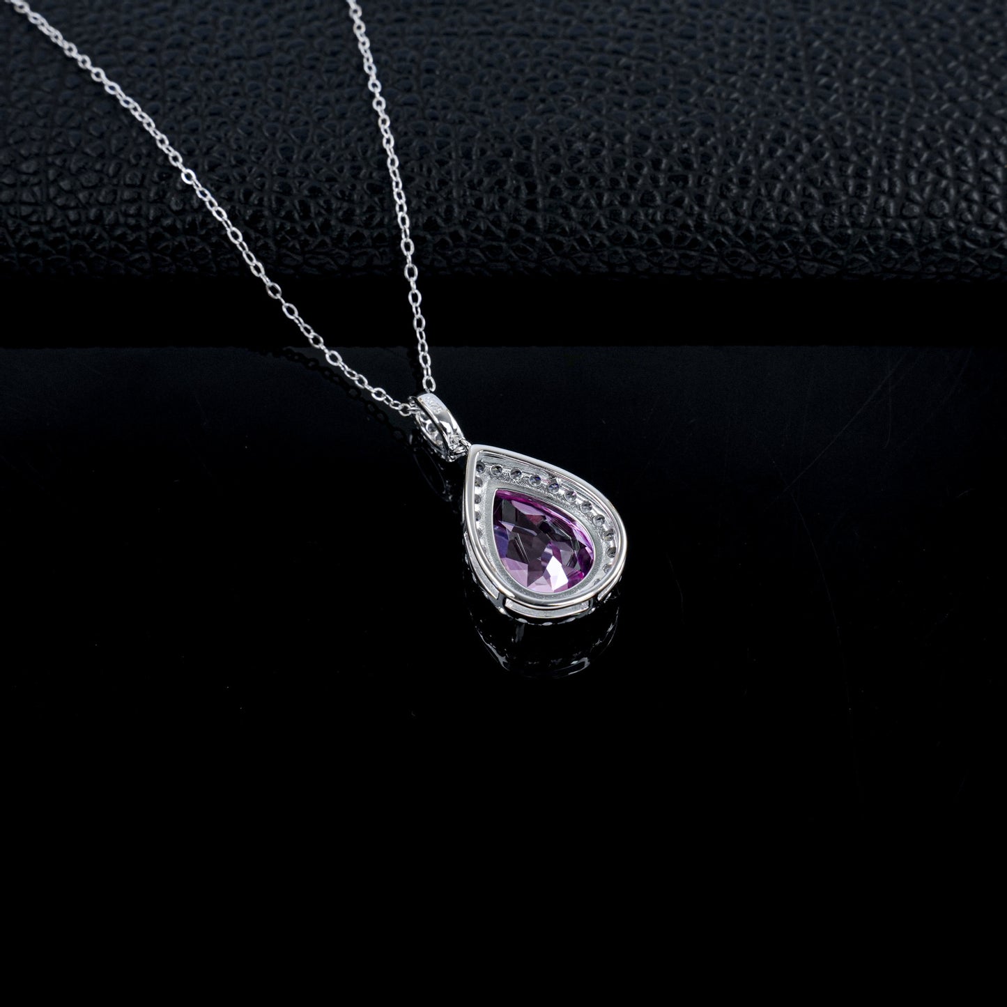 S925 Silver Pear Teardrop Lab Pink Gemstone Halo Necklace, Evening Pendant Birthday - Photo 4