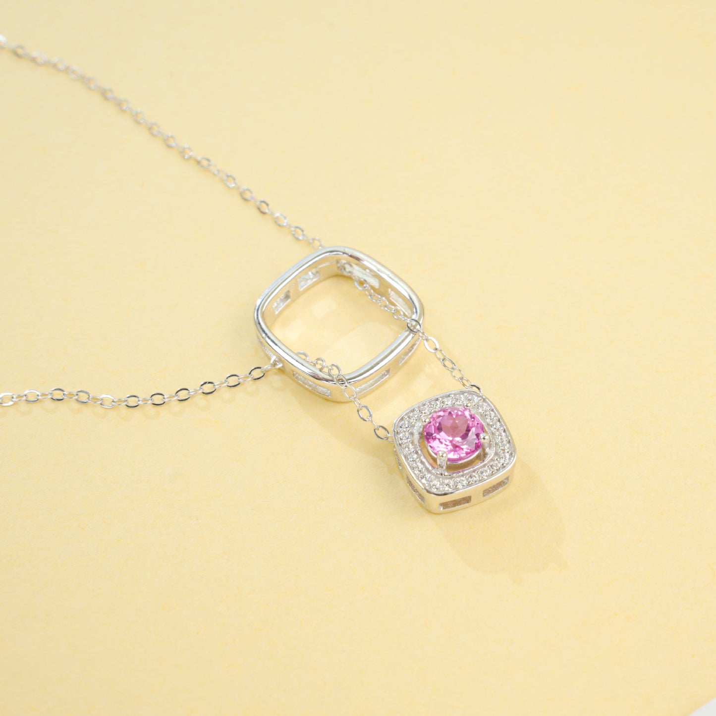 925 Sterling Silver Lab Padparadscha Square Pave Choker Necklace, Gentle - Photo 4