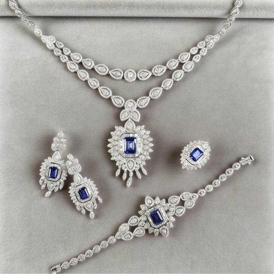S925 Sterling Silver Royal Blue Lab Sapphire Vintage Pave Necklace Jewellery Set (3-Piece), Premium - Photo 4