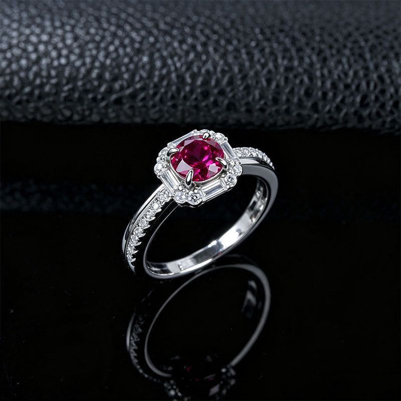 S925 Silver Round Lab Ruby Halo Ring, Vintage Engagement Anniversary - Photo 4