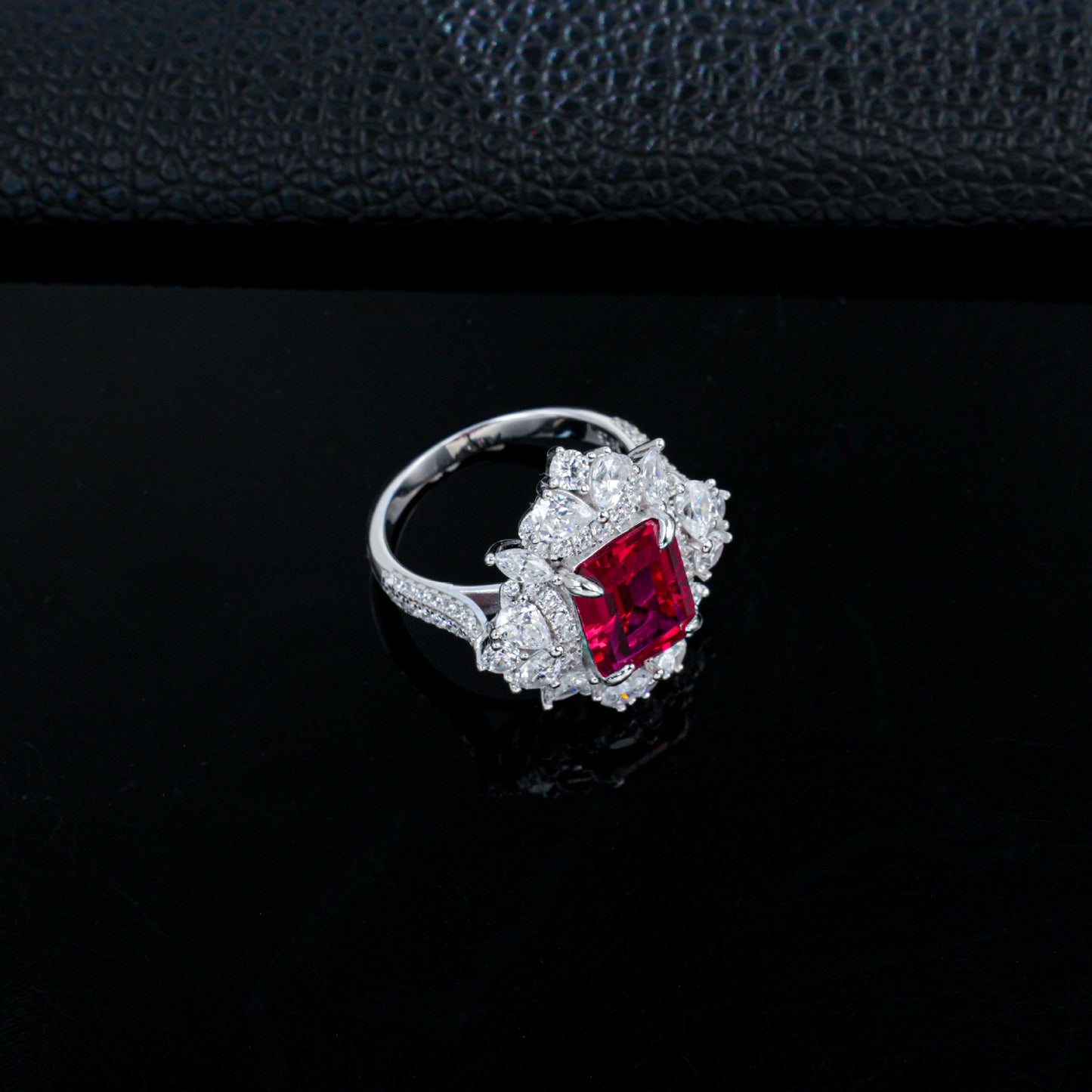 Lab Ruby Ring S925 Silver 4-Claw Diamond Flower Cluster Halo, Evening Wedding - Photo 4
